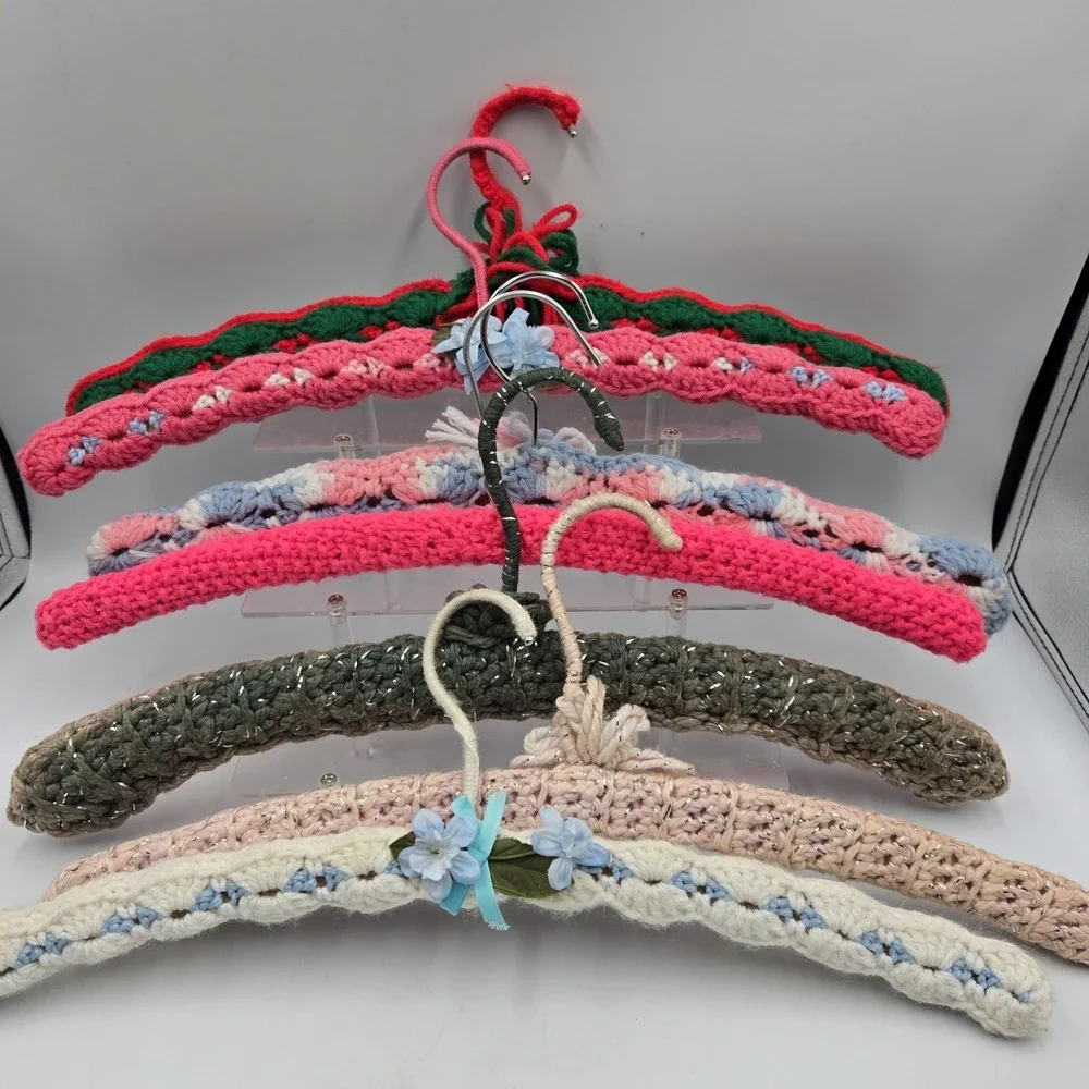 Crochet Knitted Hangers Grannycore Chic Lot of 7 VTG Handmade Wooden Countrycore